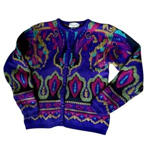 Vintage Lambswool Blend Cardigan Sweater Size Small Purple and Pink Pappagallo